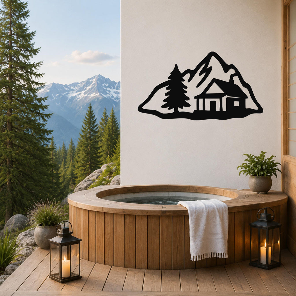 Black metal wall art silhouette of a mountain cabin with pine trees, mounted on a white wall above a wooden hot tub on a deck with a mountain view.
