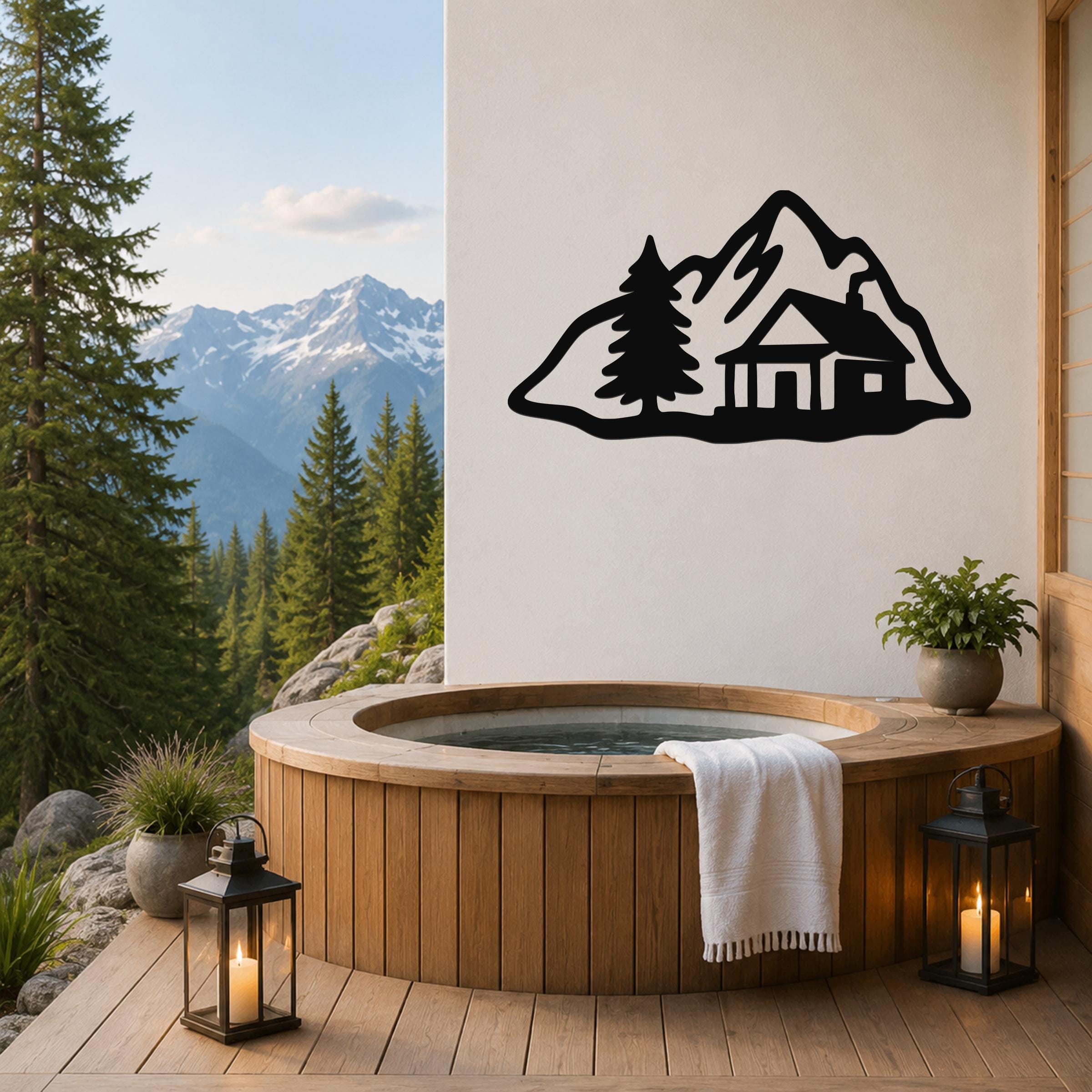 Black metal wall art silhouette of a mountain cabin with pine trees, mounted on a white wall above a wooden hot tub on a deck with a mountain view.