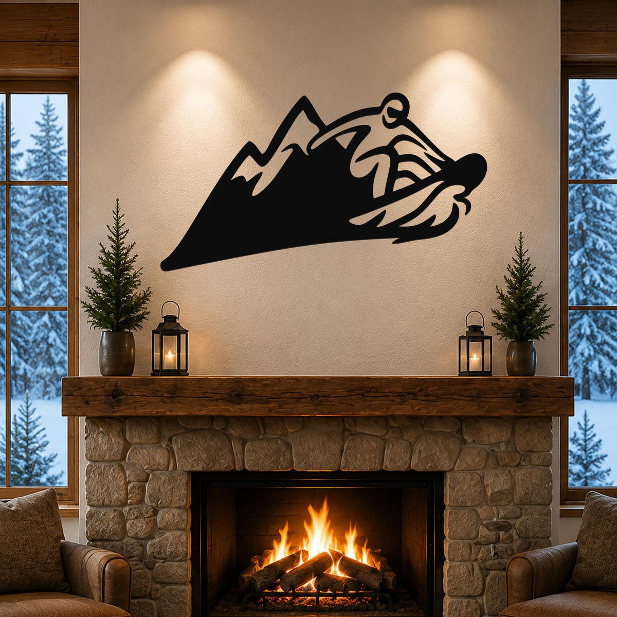 Black metal wall art with a snowboarder silhouette cutout, mounted above a stone fireplace in a living room.