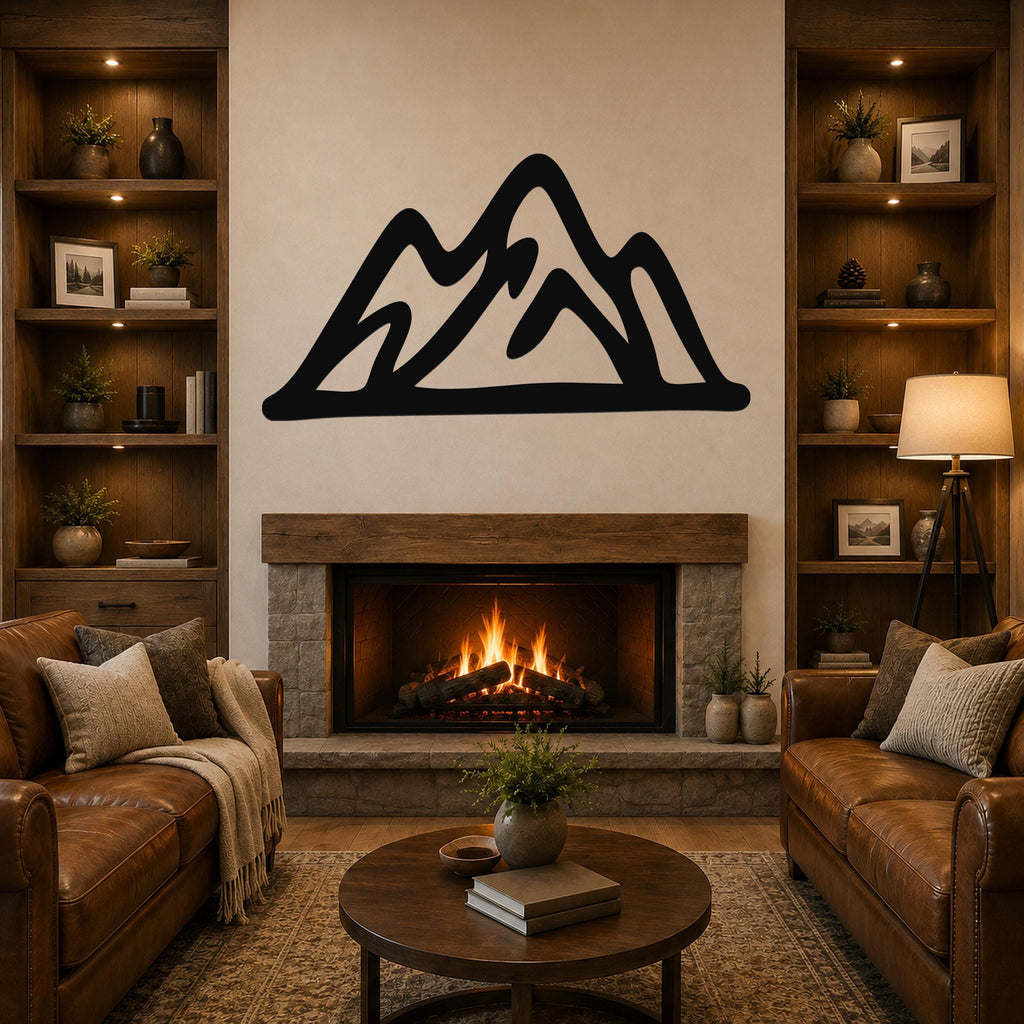 Black metal mountain silhouette wall art with layered peaks, mounted above a stone fireplace in a rustic living room.