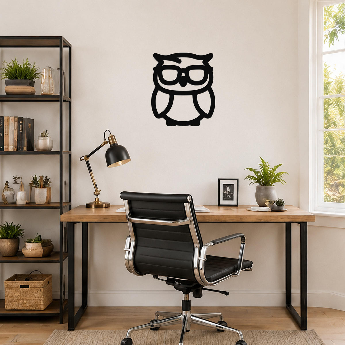 Black metal owl wall art with glasses silhouette, mounted on a wall above a wooden desk in a home office.