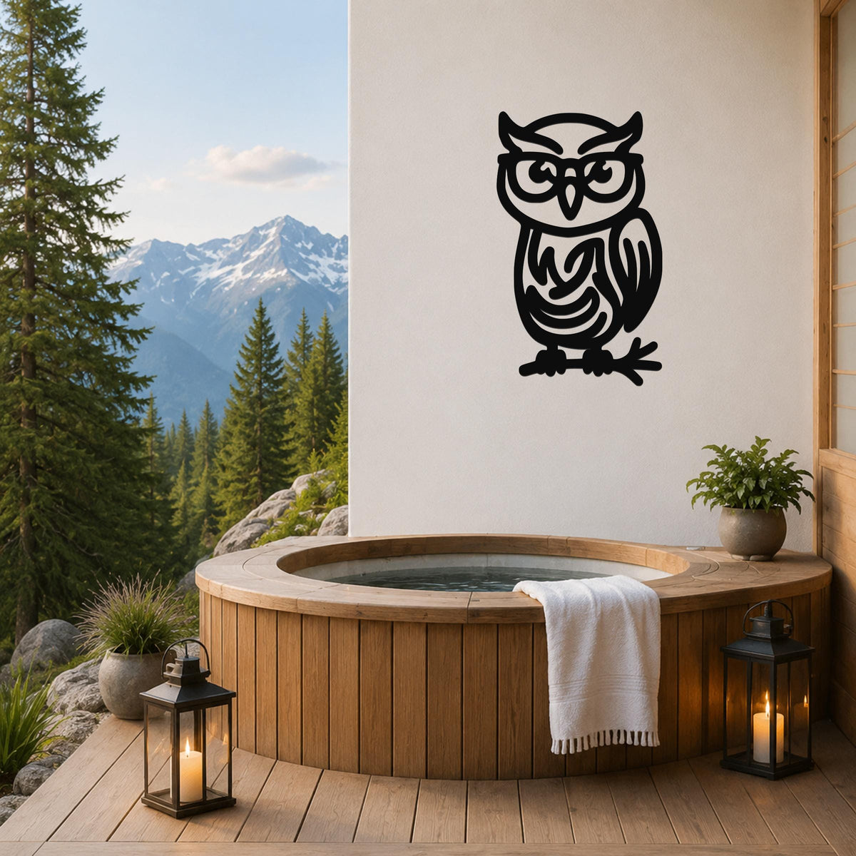 Black metal owl wall art with glasses and intricate internal cutouts, mounted on a white wall above a wooden hot tub on a mountain-view deck.
