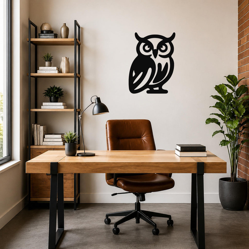Black metal owl wall art with cutout details, mounted on a wall above a wooden desk in a home office.
