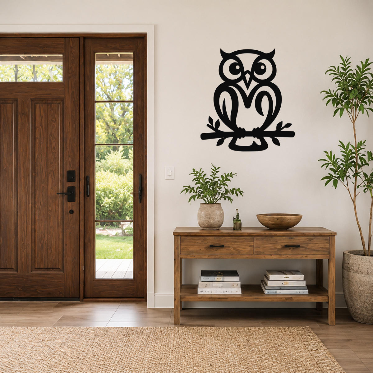 Black metal owl wall art with branch cutout, mounted on a light wall above a wooden console table in a entryway.