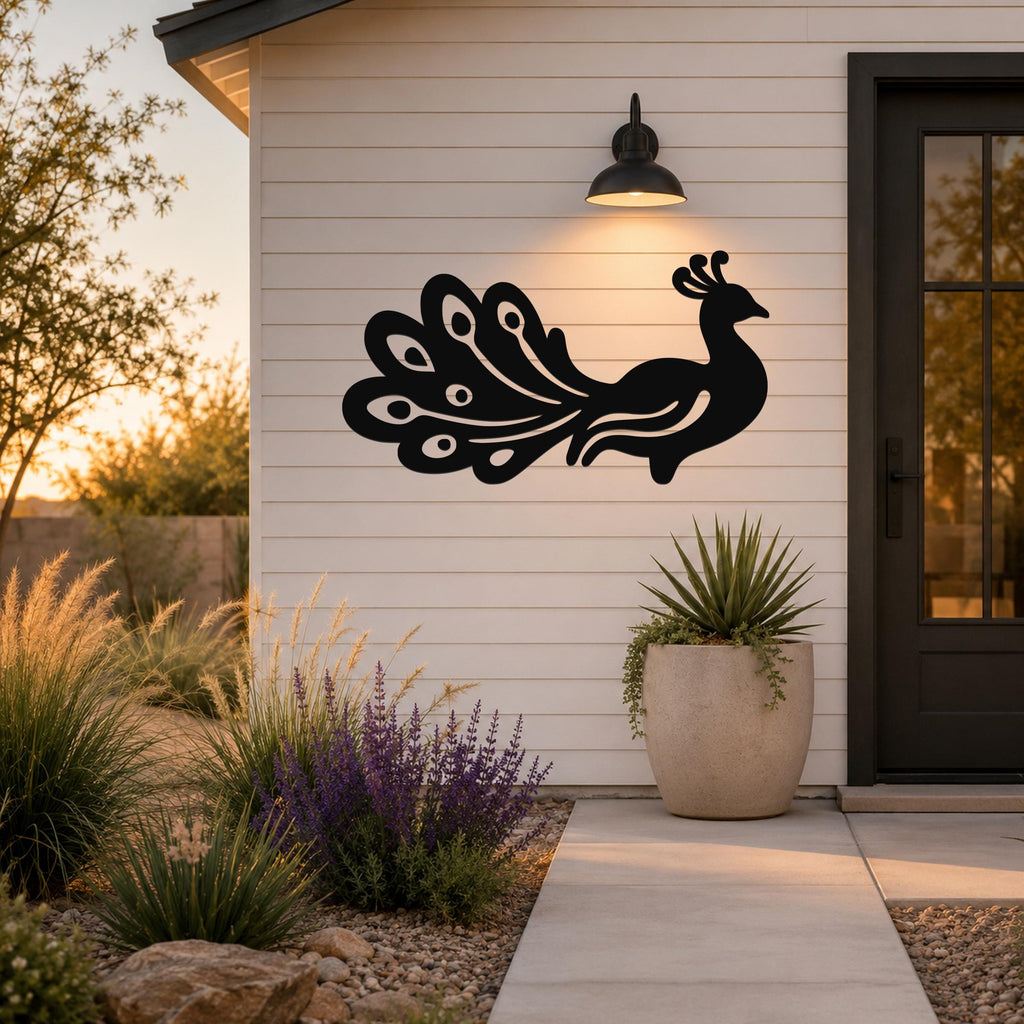Black metal peacock wall art with detailed feather cutouts, mounted on a white siding wall beside a front door and potted plant.