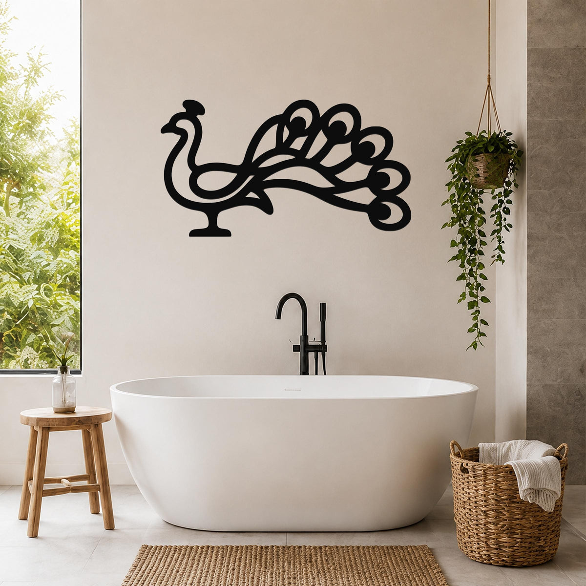 Black metal peacock wall art with a cutout silhouette of a bird and fanned tail, mounted on a bathroom wall above a freestanding tub.