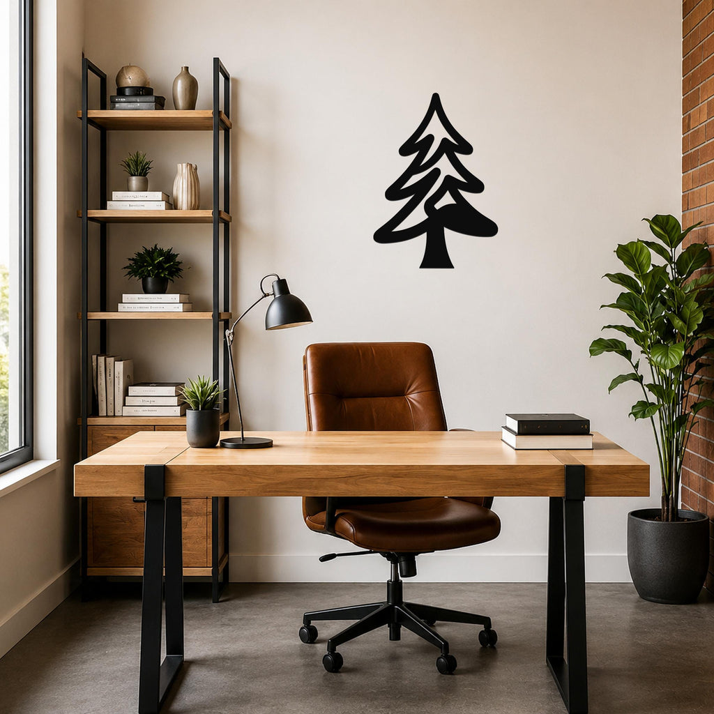 Black metal pine tree wall art with layered branch cutouts, mounted on a white wall above a wooden desk in a home office.