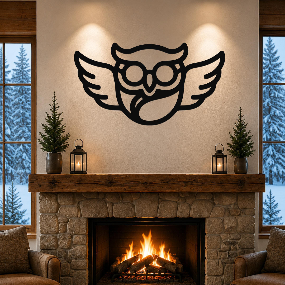 Black metal wall art featuring a silhouette of an owl with glasses and outstretched wings, mounted above a stone fireplace in a living room.