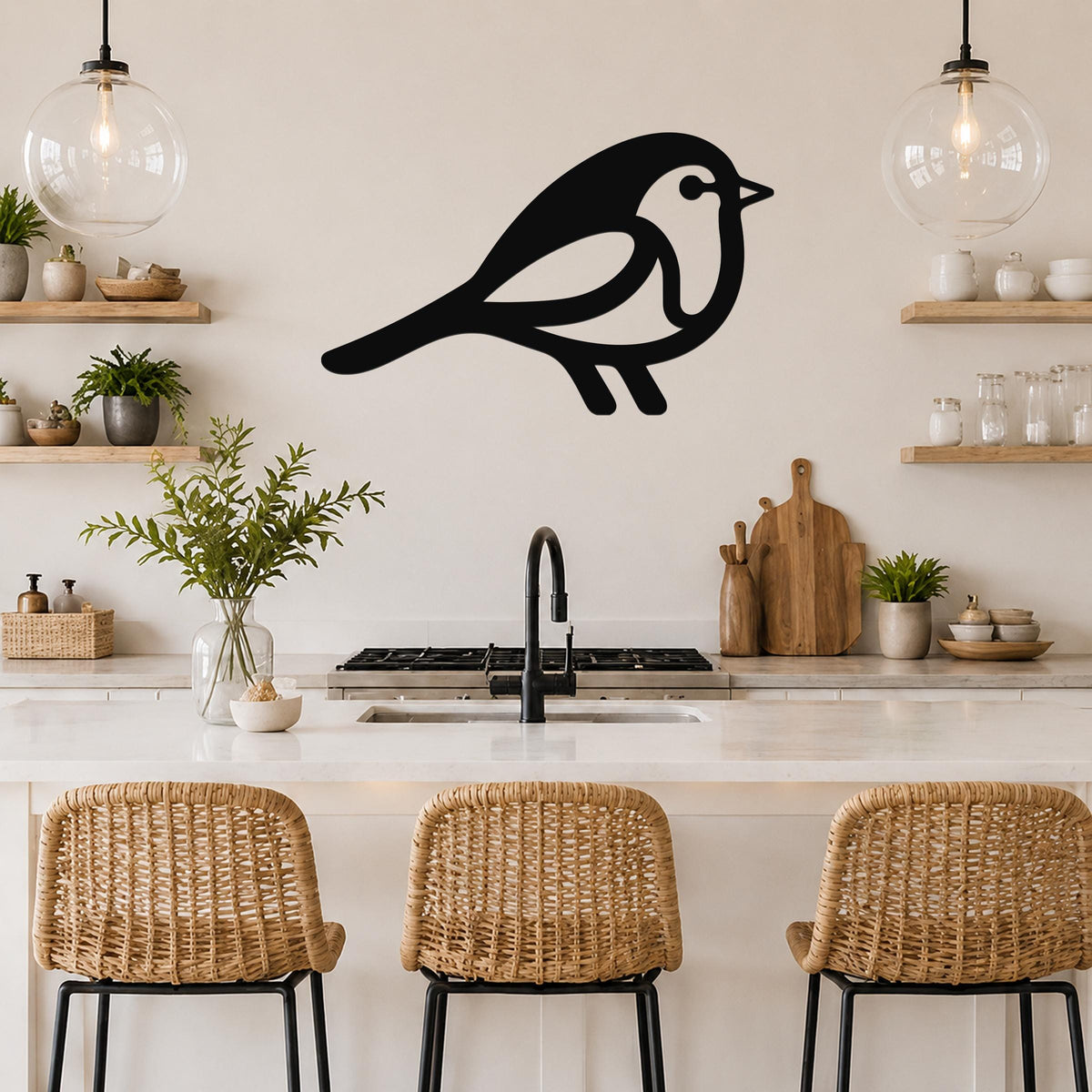 Black metal robin wall art silhouette mounted above a kitchen counter, featuring a bold cutout design with a white belly and eye detail, displayed in a modern kitchen with wooden shelves and pendant lights.