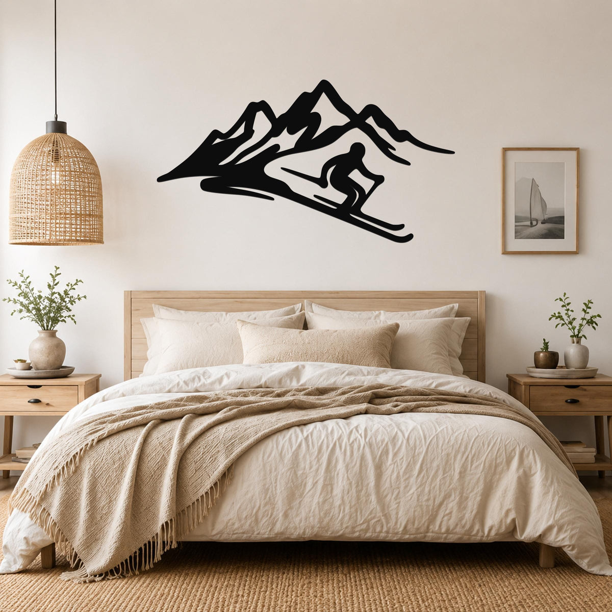 Black metal wall art of a skier in fluid motion on a mountain slope, mounted above a bed in a neutral bedroom.
