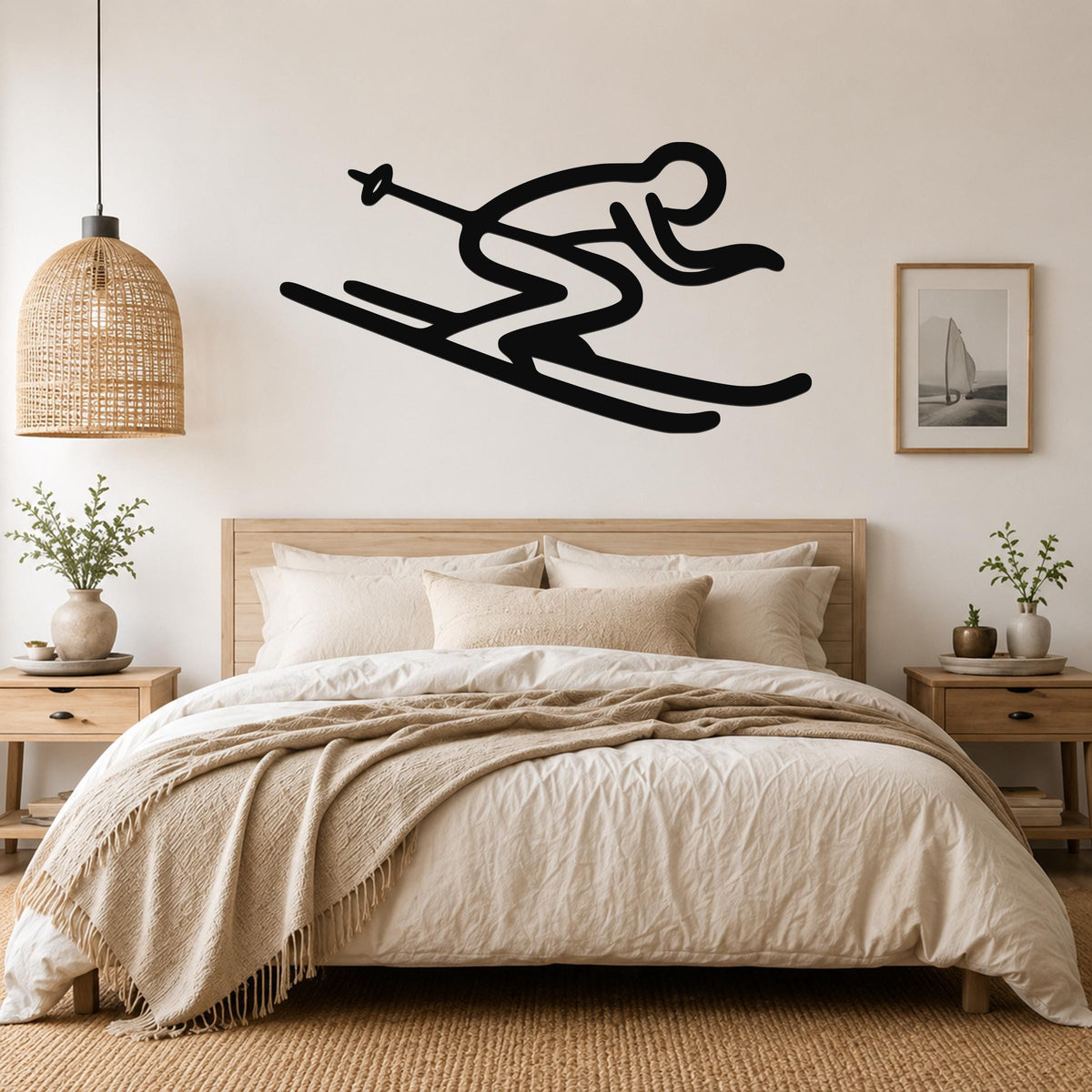 Black metal wall art silhouette of a skier in motion, mounted above a bed in a neutral bedroom.
