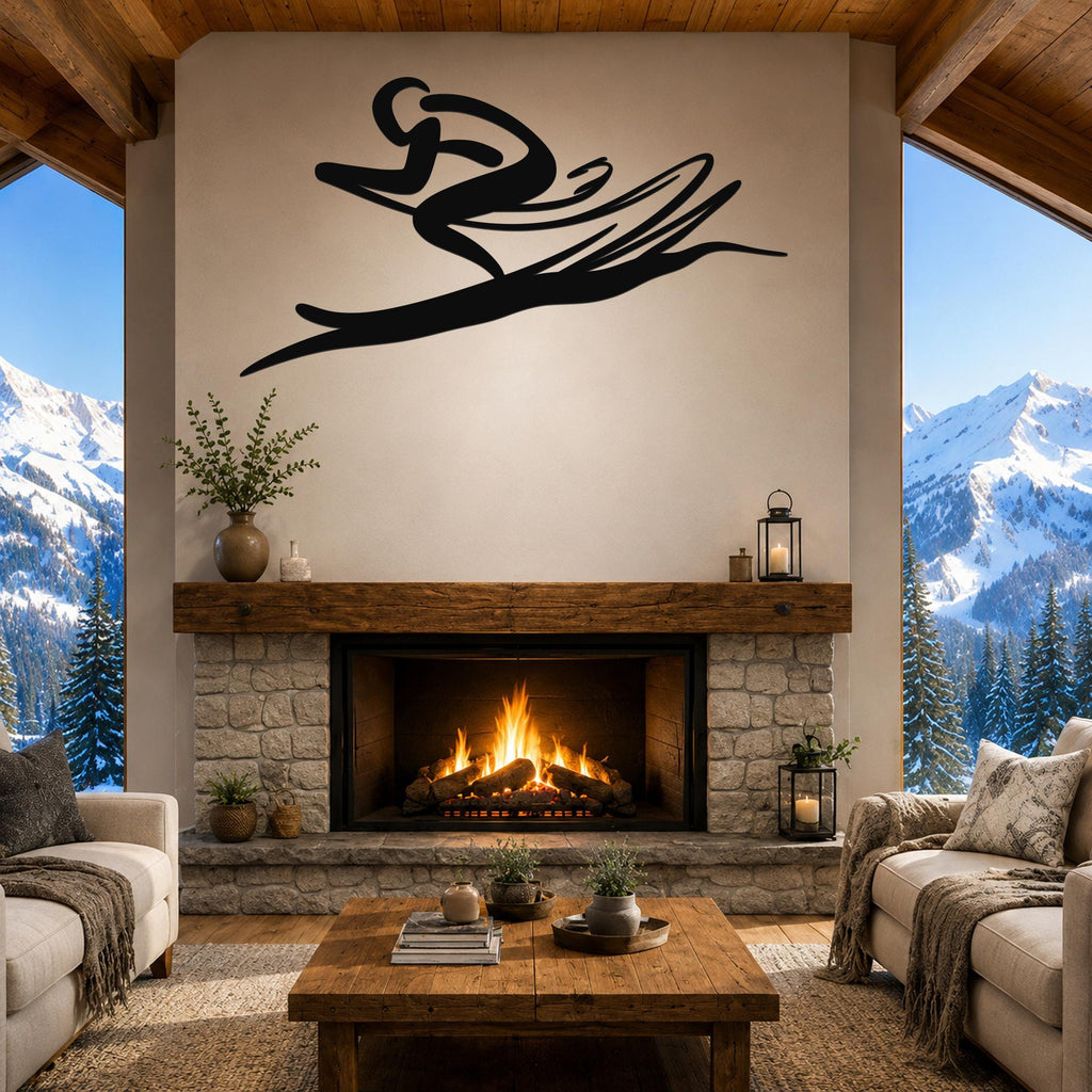 Black metal wall art in a dynamic skier silhouette with motion lines, mounted above a stone fireplace in a rustic living room.