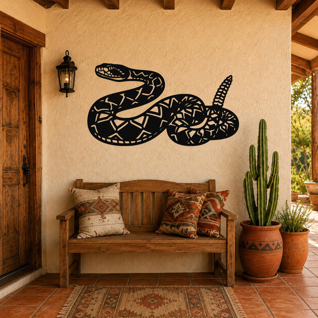 Black metal snake wall art with geometric cutout patterns, mounted on a stucco wall above a wooden bench in a rustic patio entryway.