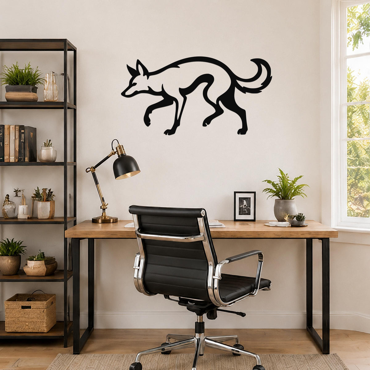 Black metal coyote wall art silhouette with motion-line cutouts, mounted above a wooden desk in a home office.