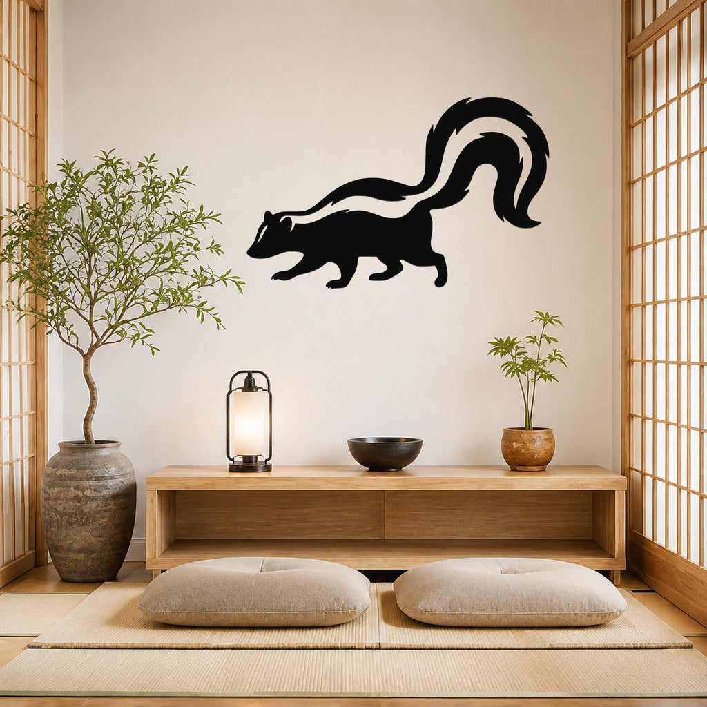 Black metal skunk wall art silhouette with a curved tail, mounted on a light-colored wall above a wooden console in a minimalist room.