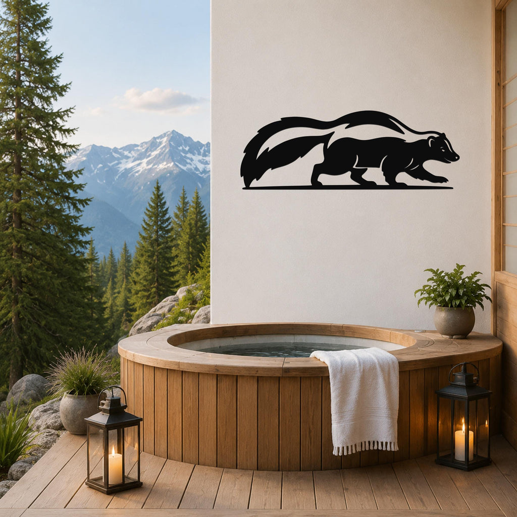 Black metal skunk wall art silhouette mounted on a white wall above a wooden hot tub on a mountain-view deck.