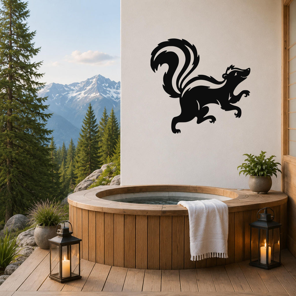 Black metal skunk wall art silhouette with raised tail, mounted on a white wall above a wooden hot tub on a mountain-view deck.