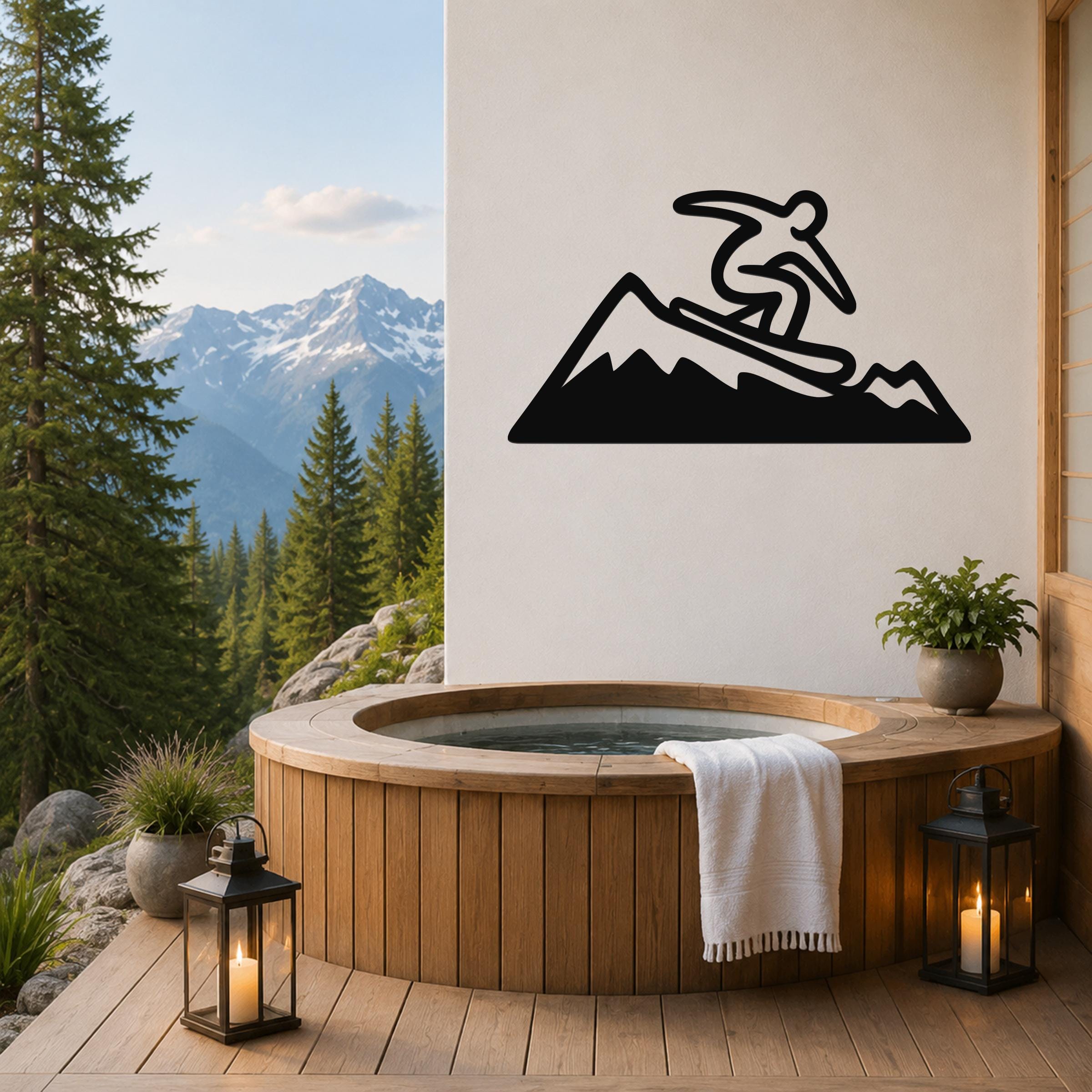 Black metal wall art silhouette of a snowboarder on a mountain, mounted on a white wall above a wooden hot tub on a deck with a mountain view.