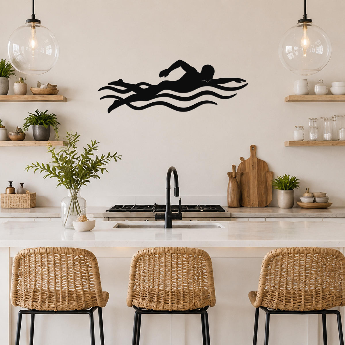 Black metal swimmer wall art with wavy motion lines, mounted above a kitchen counter in a modern kitchen.