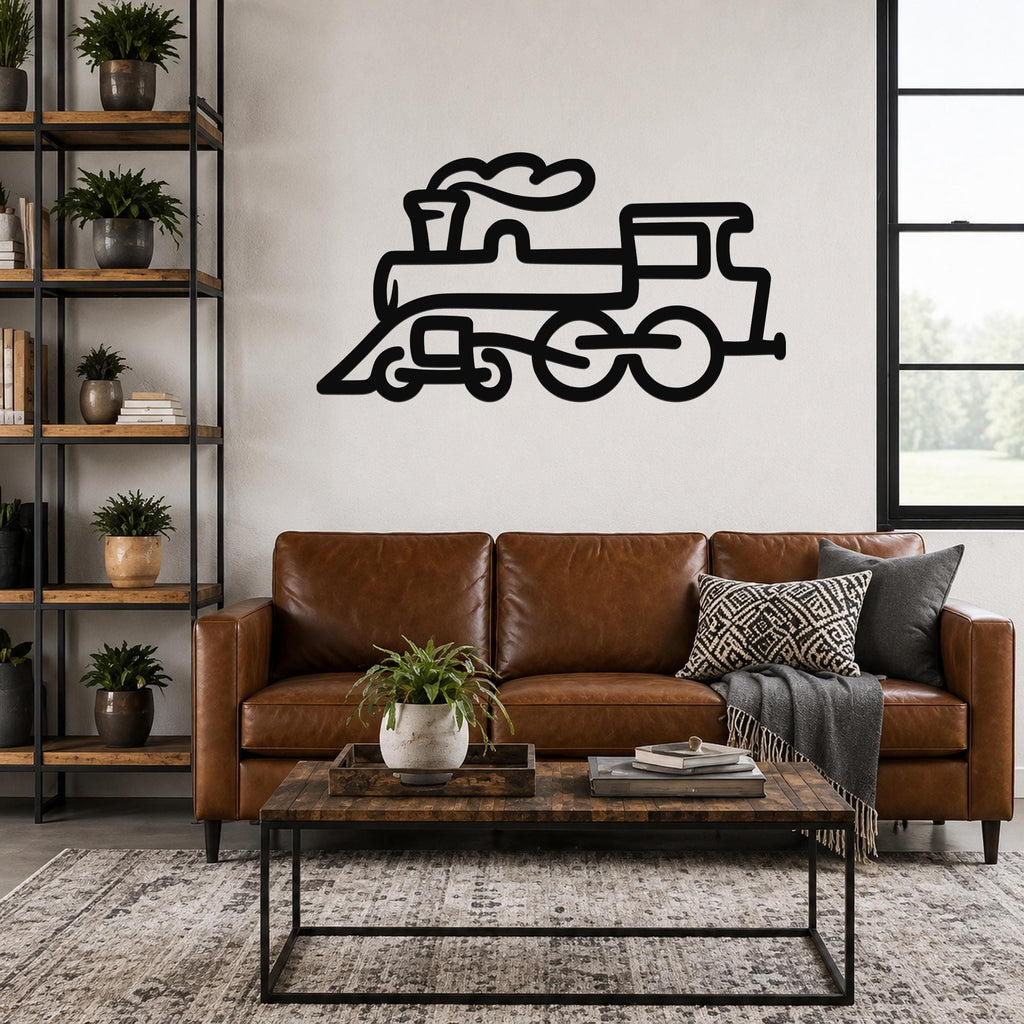 Black metal train wall art with a bold silhouette design, mounted above a brown leather sofa in a living room.