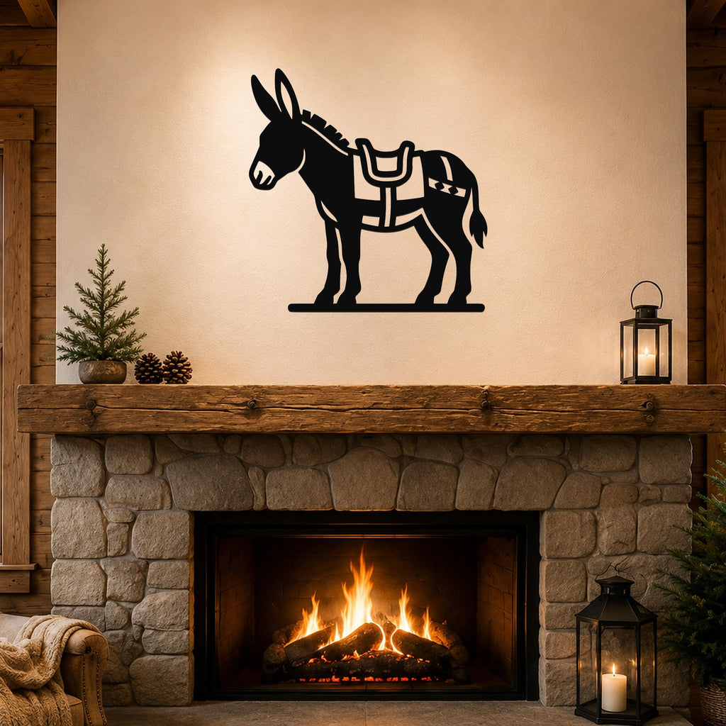 Black metal burro wall art with saddle cutout, mounted above a stone fireplace in a rustic living room.