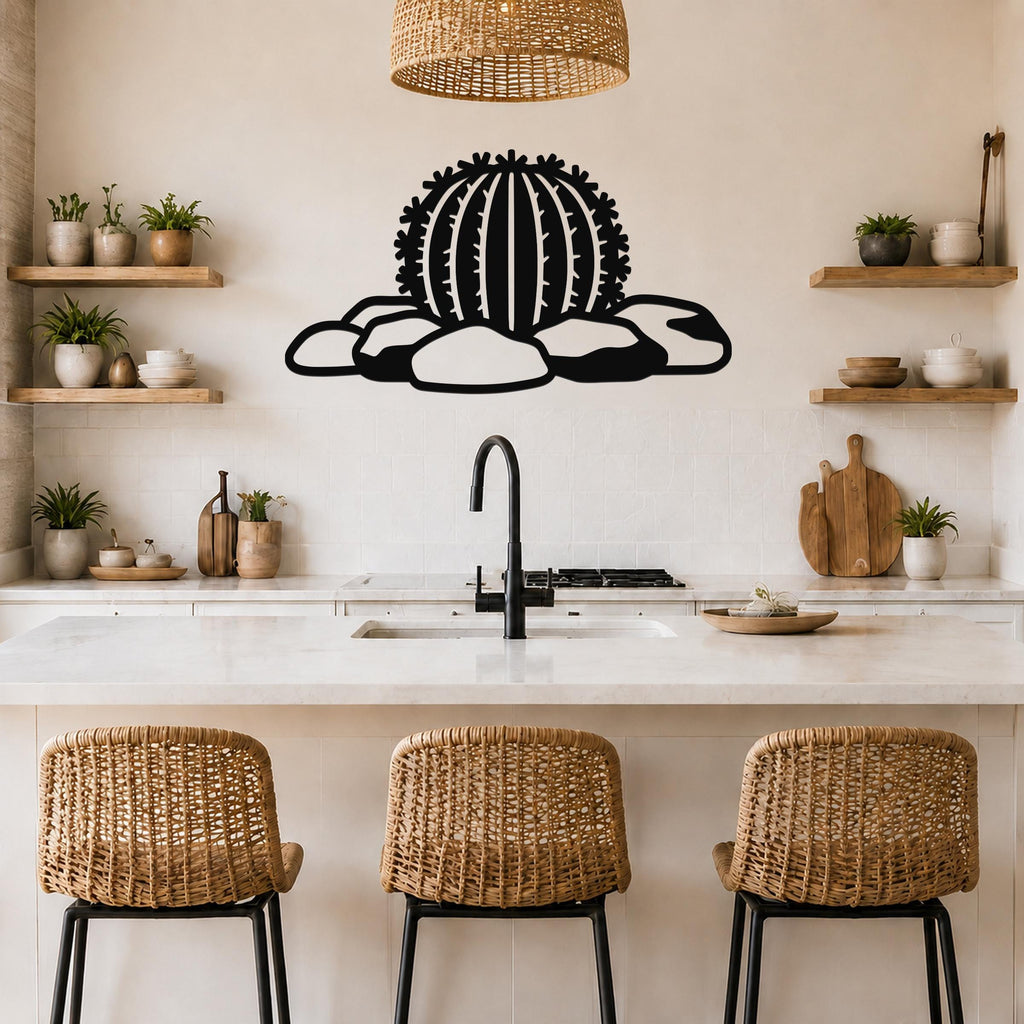 Black metal barrel cactus wall art with spines and rocks cutout, mounted above a kitchen counter.