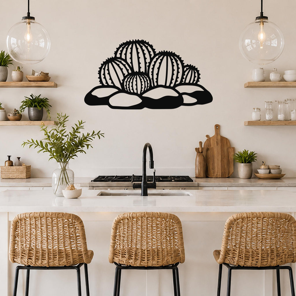Black metal barrel cactus wall art with spines and rocks cutout, mounted above a kitchen counter.