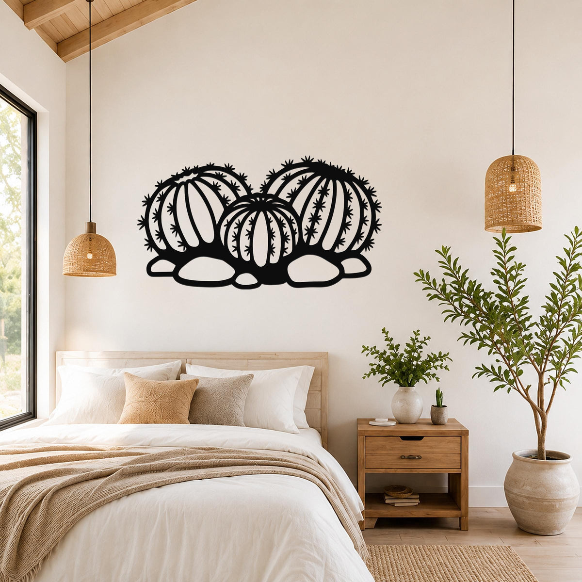Black metal barrel cactus wall art with spines and internal cutouts, mounted above a bed in a bedroom with wicker pendant lights.