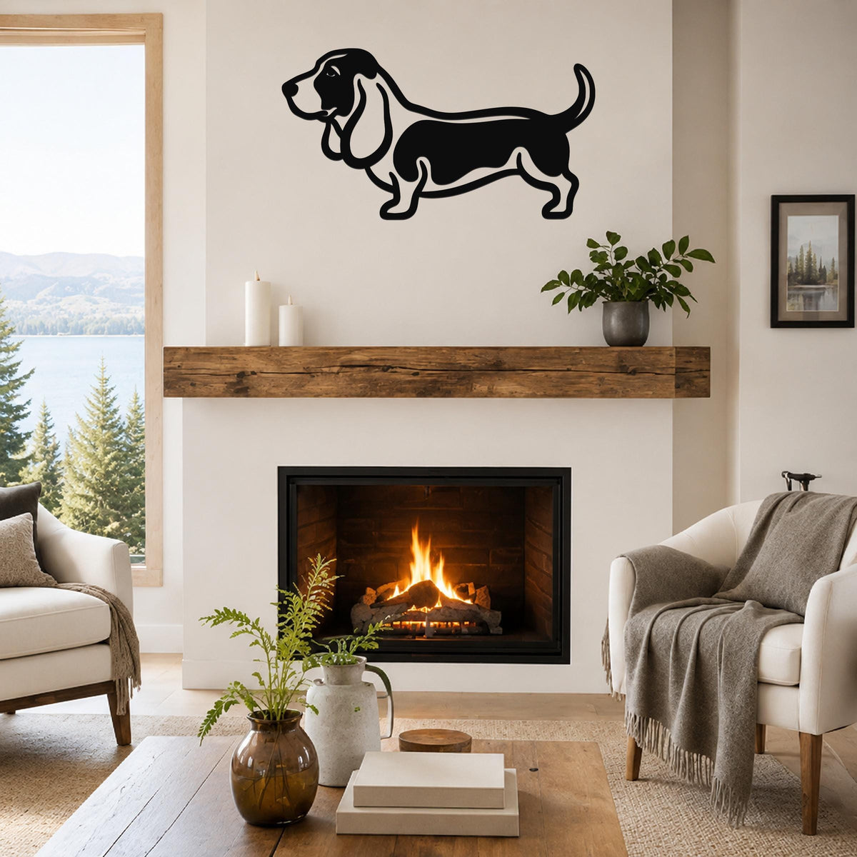 Black metal Basset Hound wall art silhouette mounted above a fireplace in a living room.
