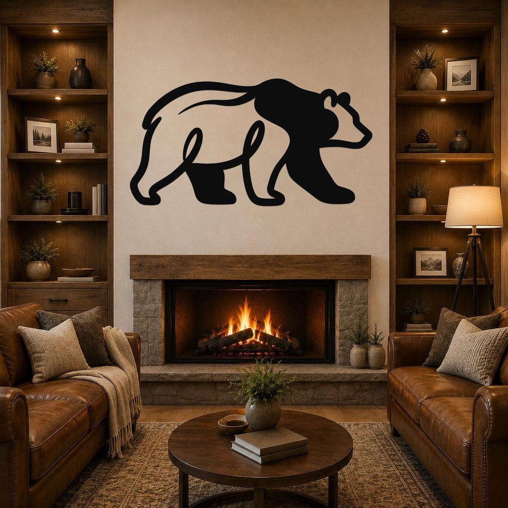Black metal bear wall art silhouette with motion-line cutouts, mounted above a fireplace in a rustic living room.