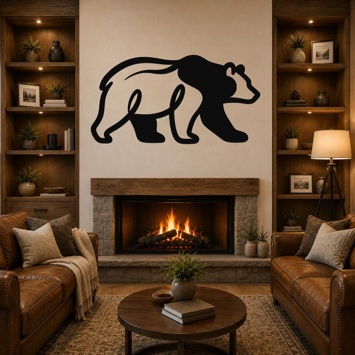 Black metal bear wall art silhouette with motion-line cutouts, mounted above a fireplace in a rustic living room.
