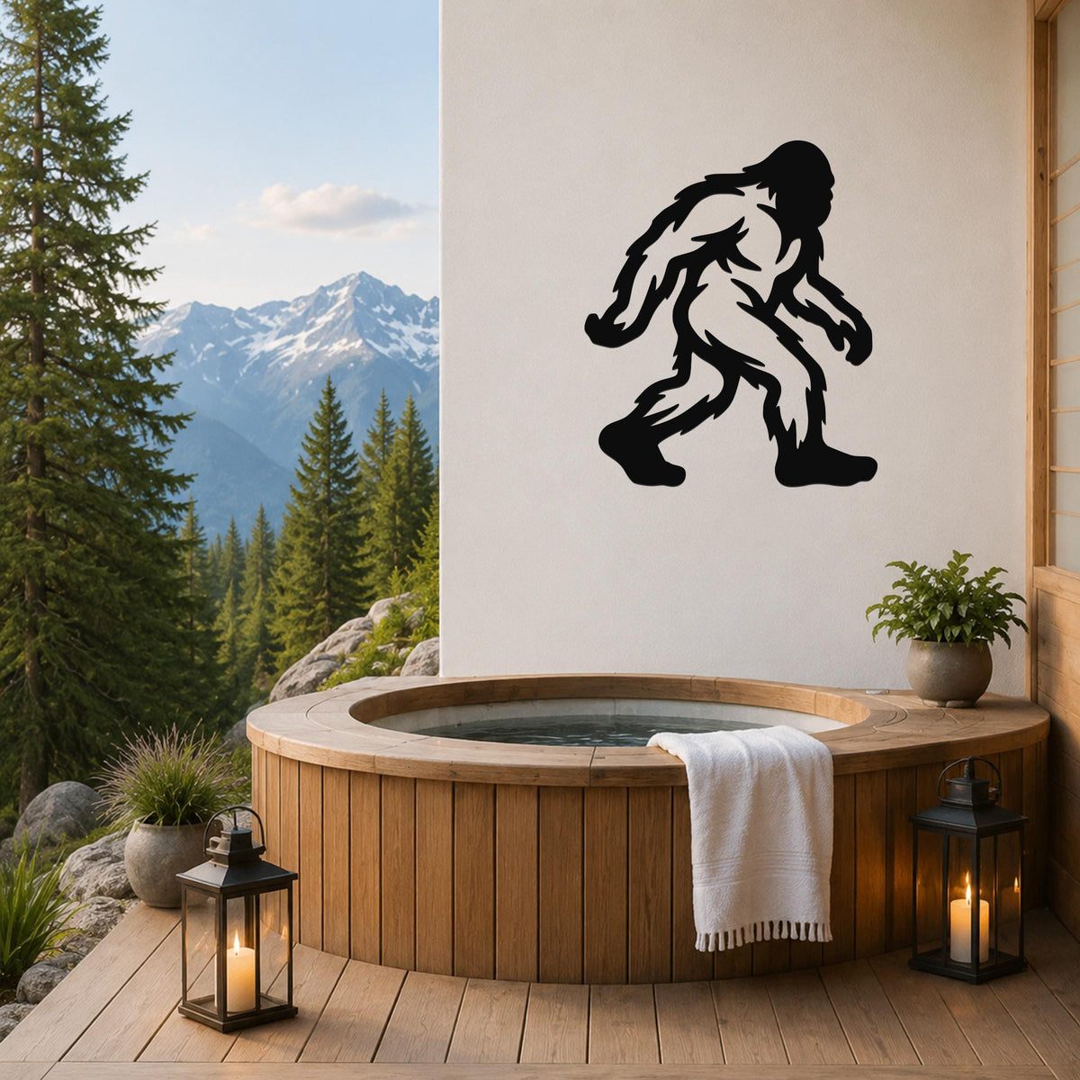 Black metal Bigfoot silhouette wall art mounted on a white wall above a wooden hot tub on a mountain-view deck.