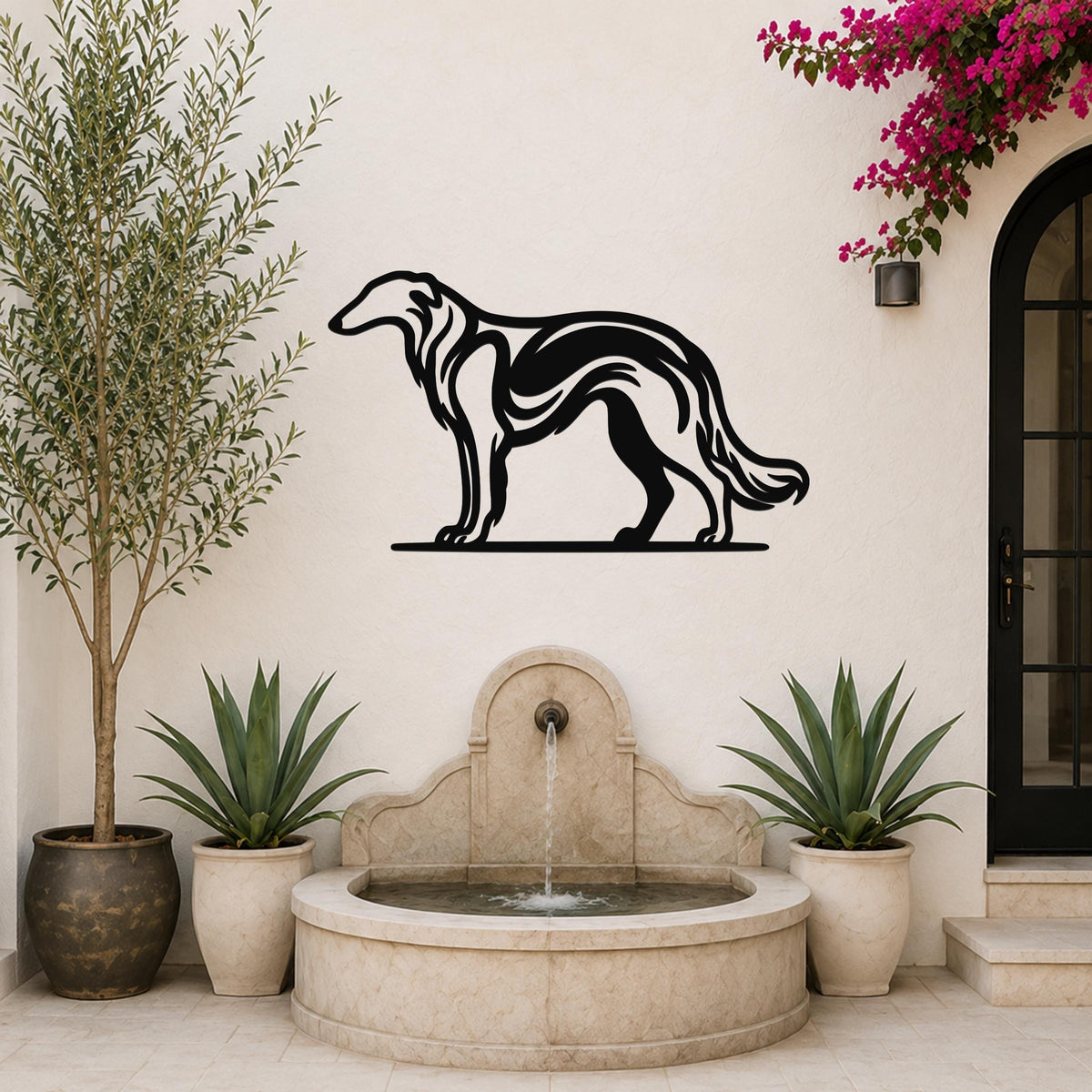Black metal Borzoi dog wall art with a sleek silhouette design, mounted on an outdoor patio wall above a stone fountain.