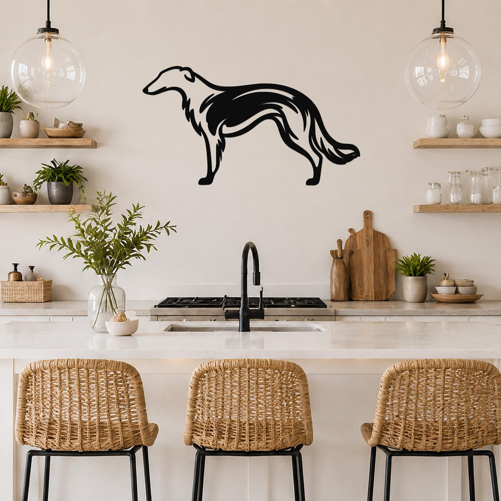 Black metal Borzoi dog wall art silhouette with internal motion lines, mounted on a kitchen wall above a counter.