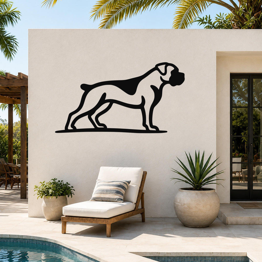 Black metal Boxer dog wall art silhouette mounted on an outdoor patio wall above a lounge chair and potted plants.