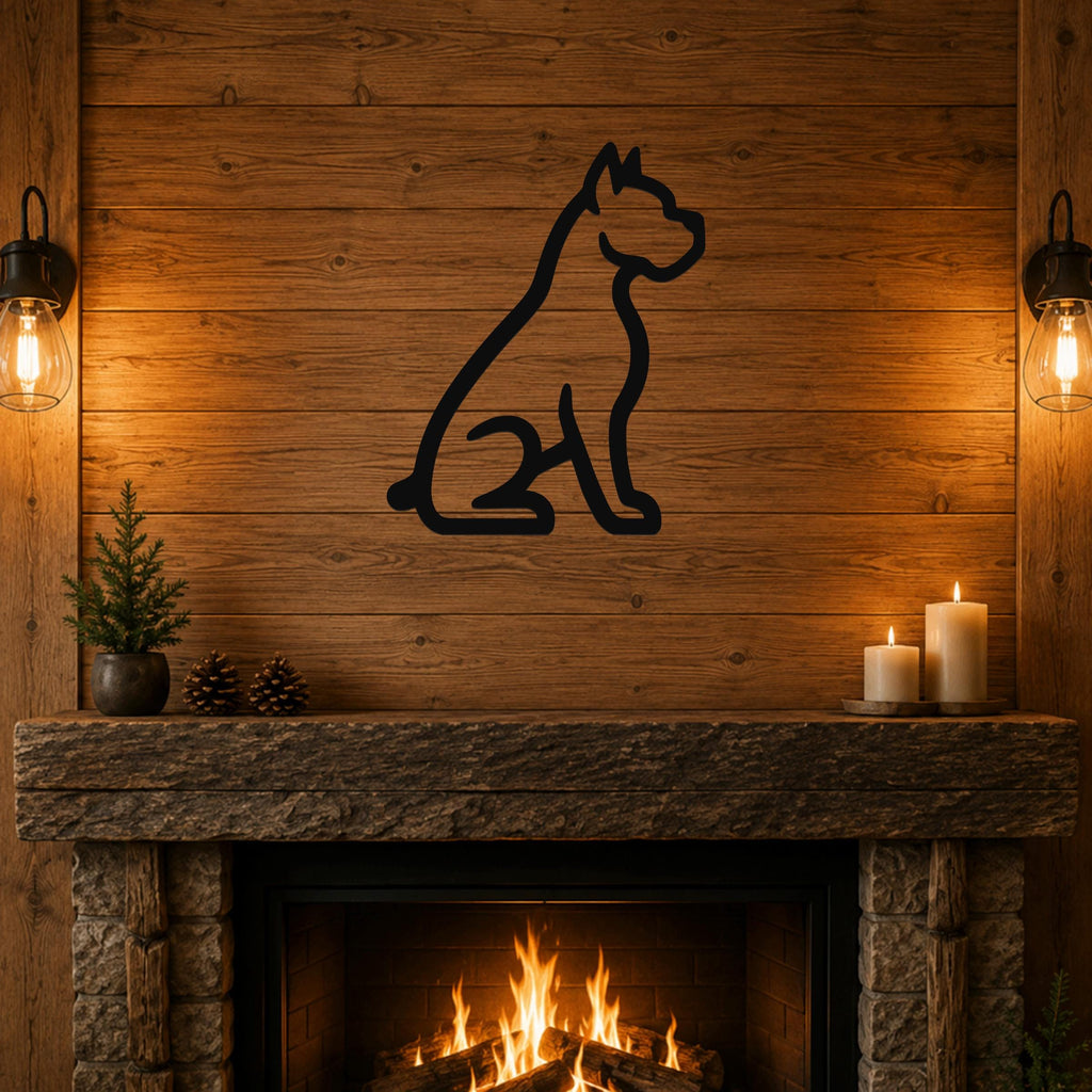 Black metal Boxer dog silhouette wall art mounted above a stone fireplace in a rustic living room with warm lighting.