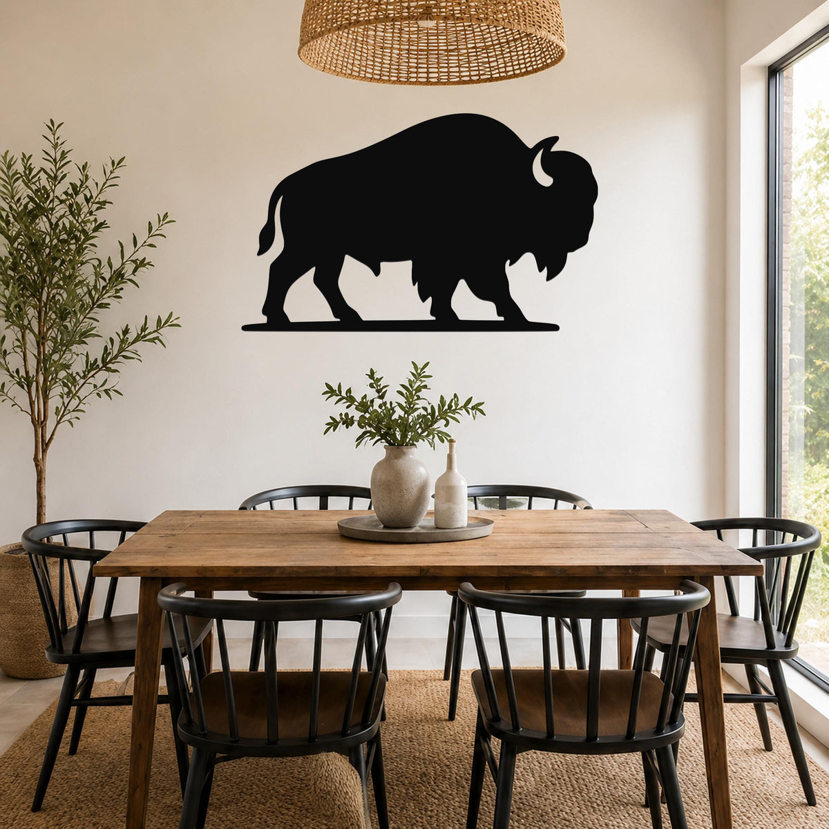 Black metal bison silhouette wall art mounted on a white wall above a wooden dining table in a bright, modern dining room.