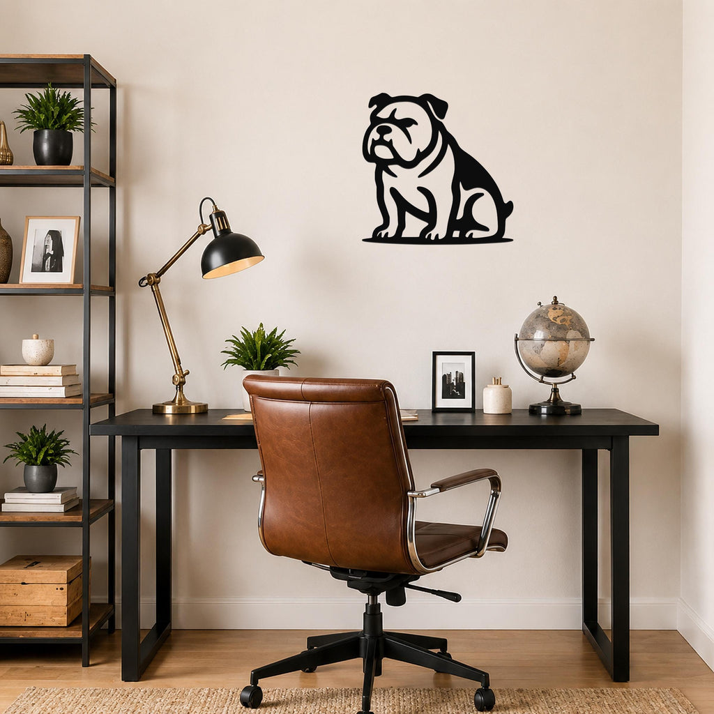 Black metal bulldog wall art with a bold silhouette, mounted on a wall above a black desk in a home office.