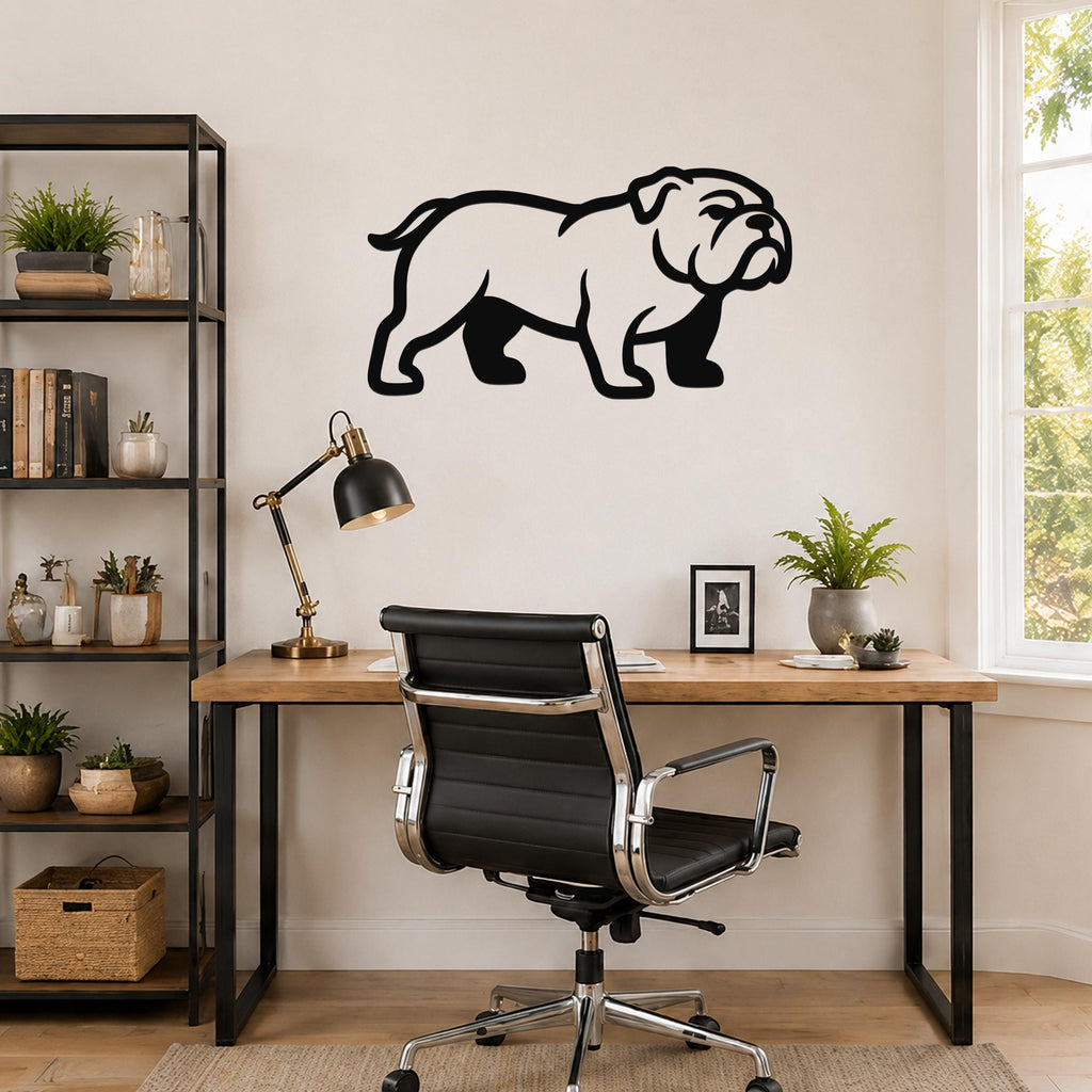 Black metal bulldog wall art silhouette mounted on a light-colored wall above a wooden desk in a home office.