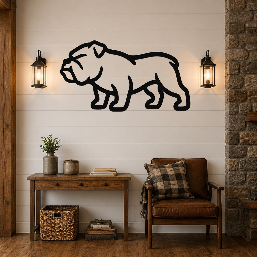Black metal bulldog silhouette wall art mounted on a shiplap wall above a wooden console table in a rustic living room.