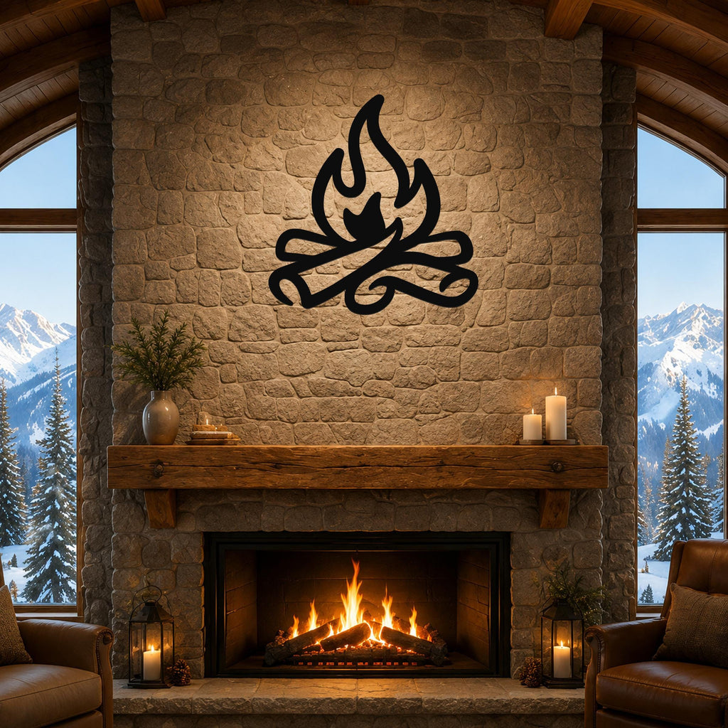 Black metal campfire wall art with flame and log silhouette, mounted above a stone fireplace in a rustic living room with mountain views.