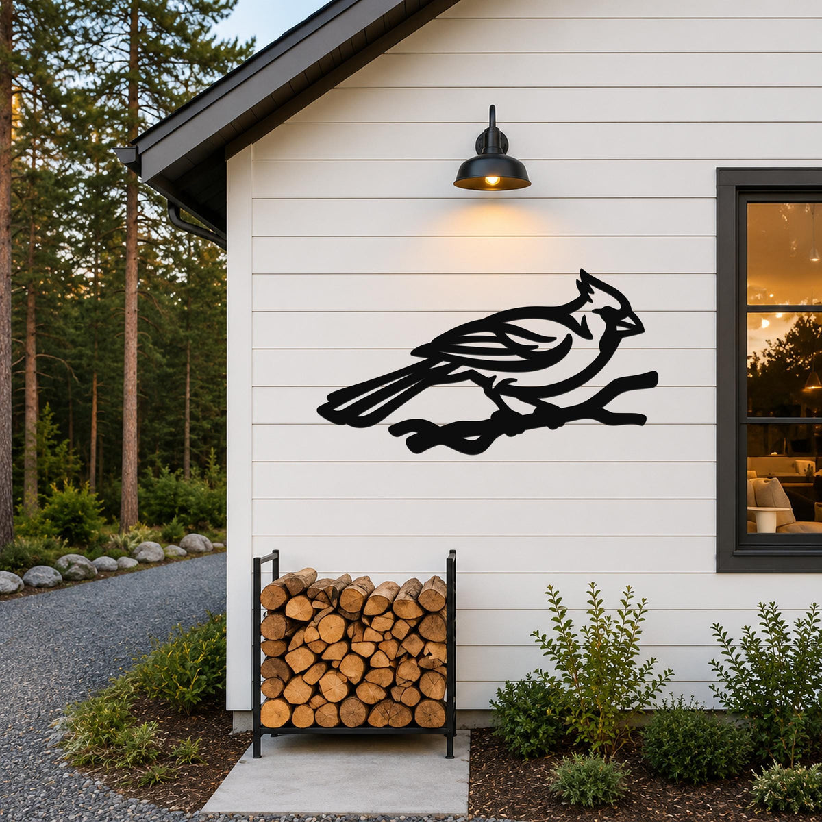 Black metal cardinal wall art in silhouette form, perched on a branch, mounted on a white exterior wall above a firewood rack.