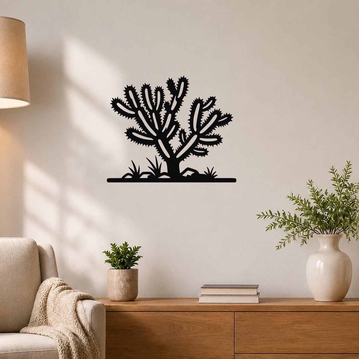 Black metal Cholla cactus wall art with spiky branch cutouts, mounted on a living room wall above a wooden console table.