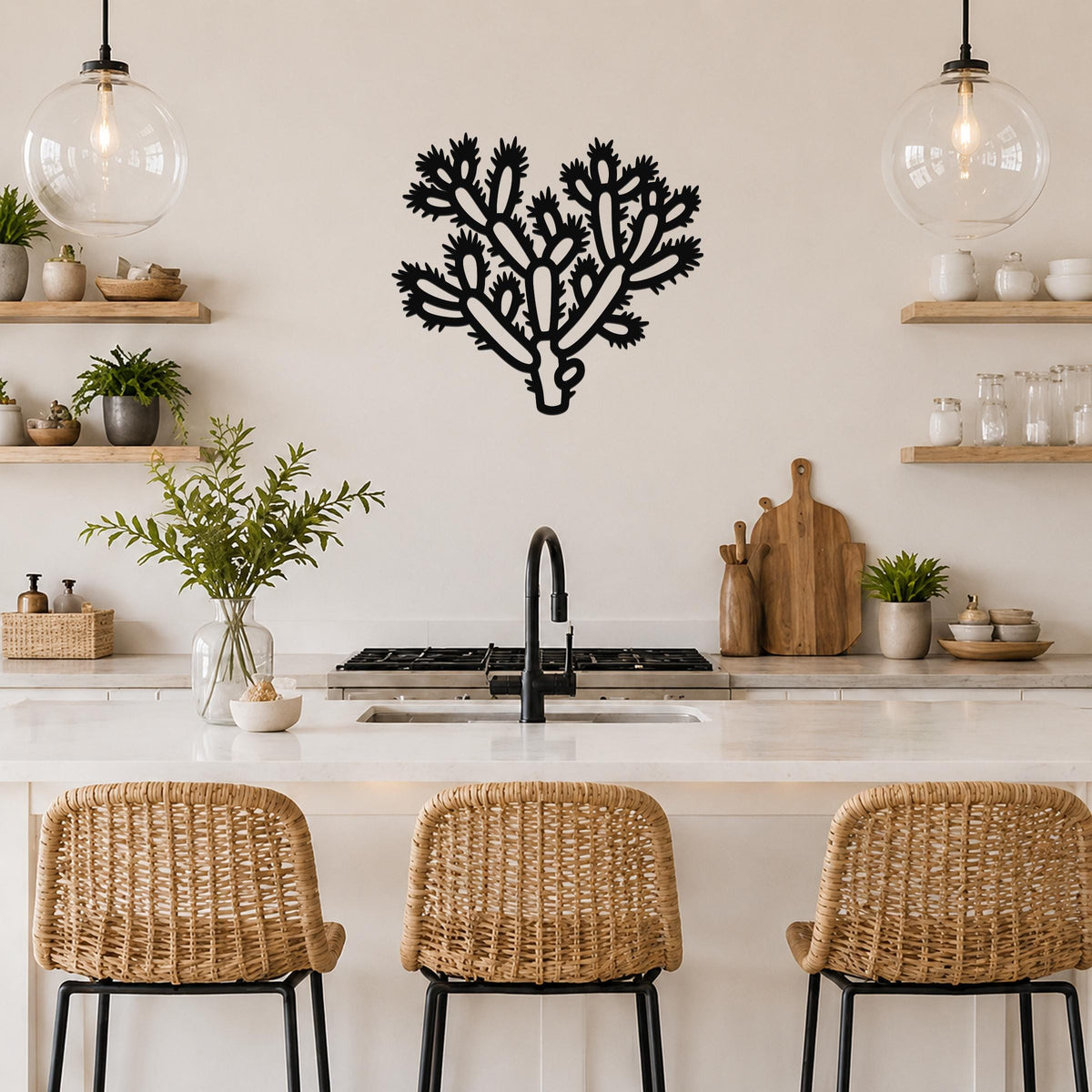 Black metal cholla cactus wall art with branching spines and cutout details, mounted on a kitchen wall above a counter.