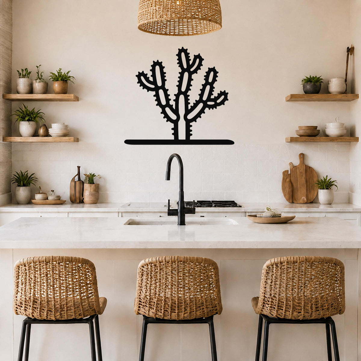 Black metal cholla cactus wall art with spiny branch cutouts, mounted on a kitchen wall above a counter.