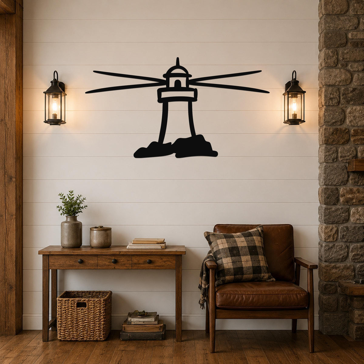 Black metal lighthouse wall art with extended beam cutouts, mounted on a shiplap wall above a wooden console table in a living room.