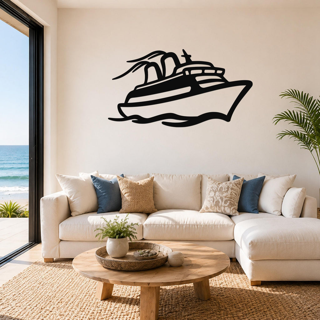 Black metal cruise ship wall art with motion-line cutouts, mounted above a white sofa in a living room with ocean views.