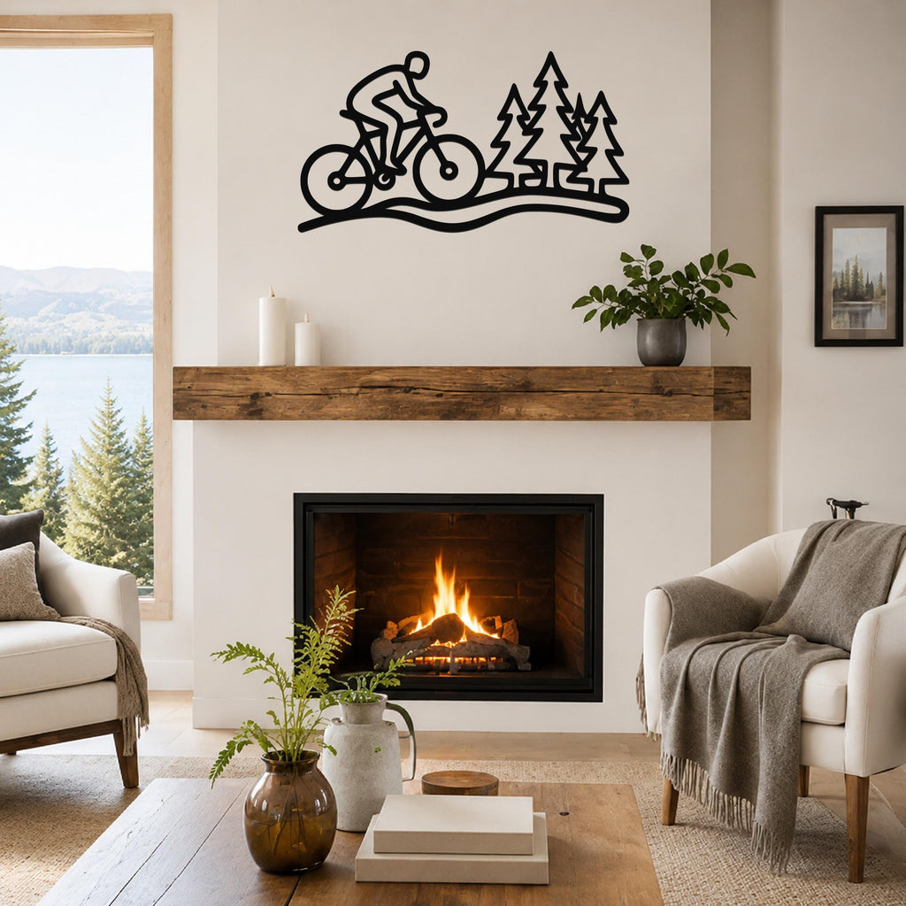 Black metal wall art with a cyclist and pine tree silhouette, mounted above a fireplace in a living room.