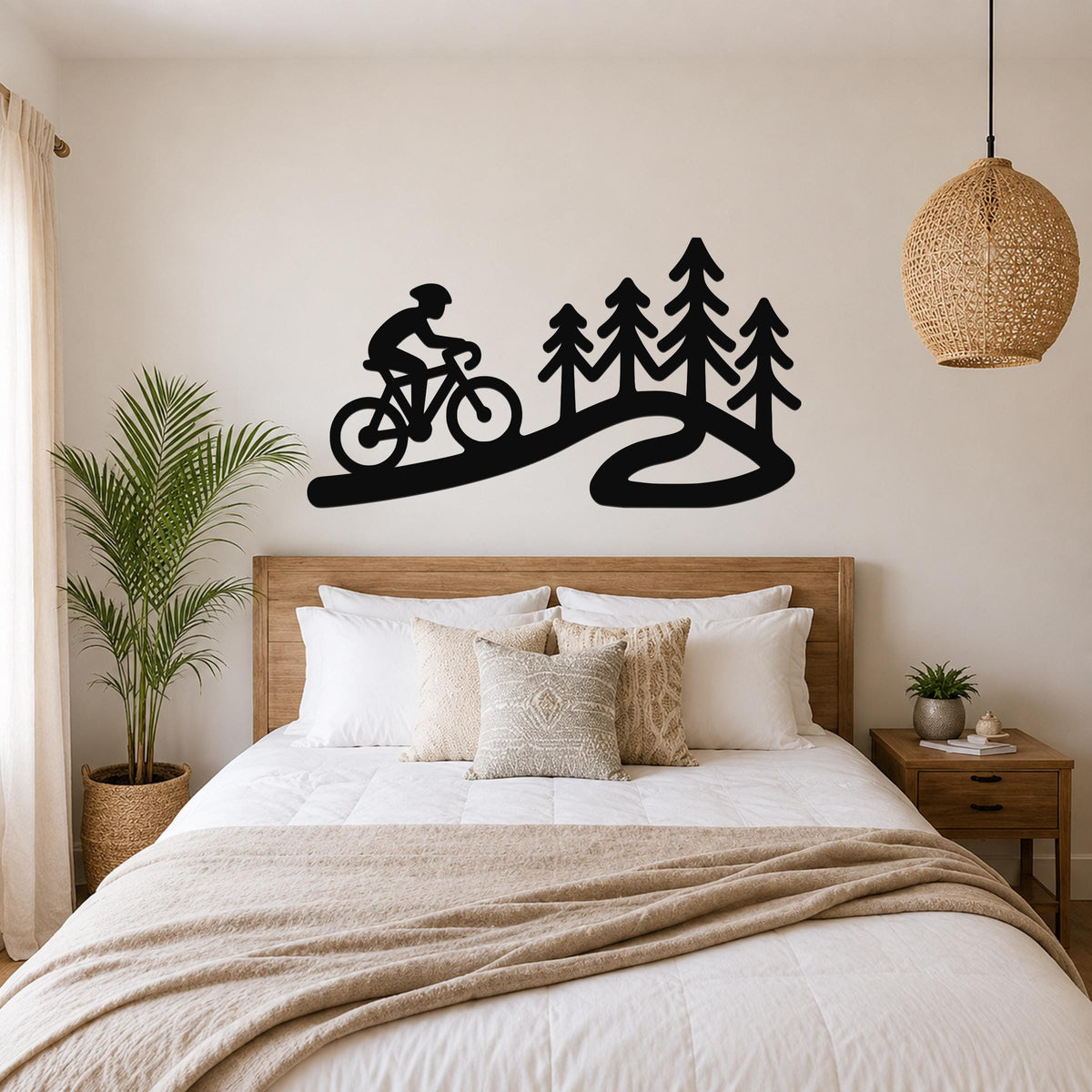 Black metal wall art silhouette of a cyclist on a winding path with pine trees, mounted above a wooden bed in a bedroom.