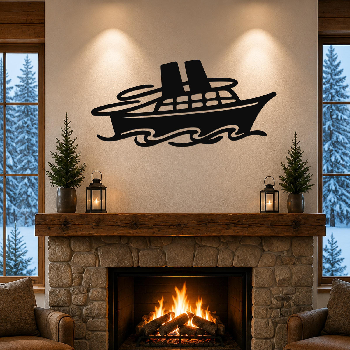 Black metal cruise ship wall art with wave cutouts, mounted above a stone fireplace in a living room.